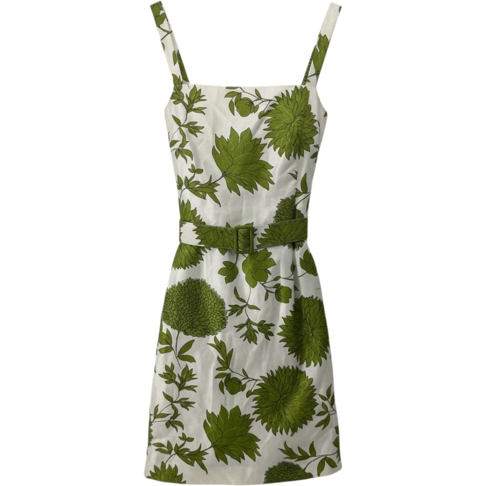 Green Floral Botanical Belted Mini Dress Square Neck Sleeveless White Green 18